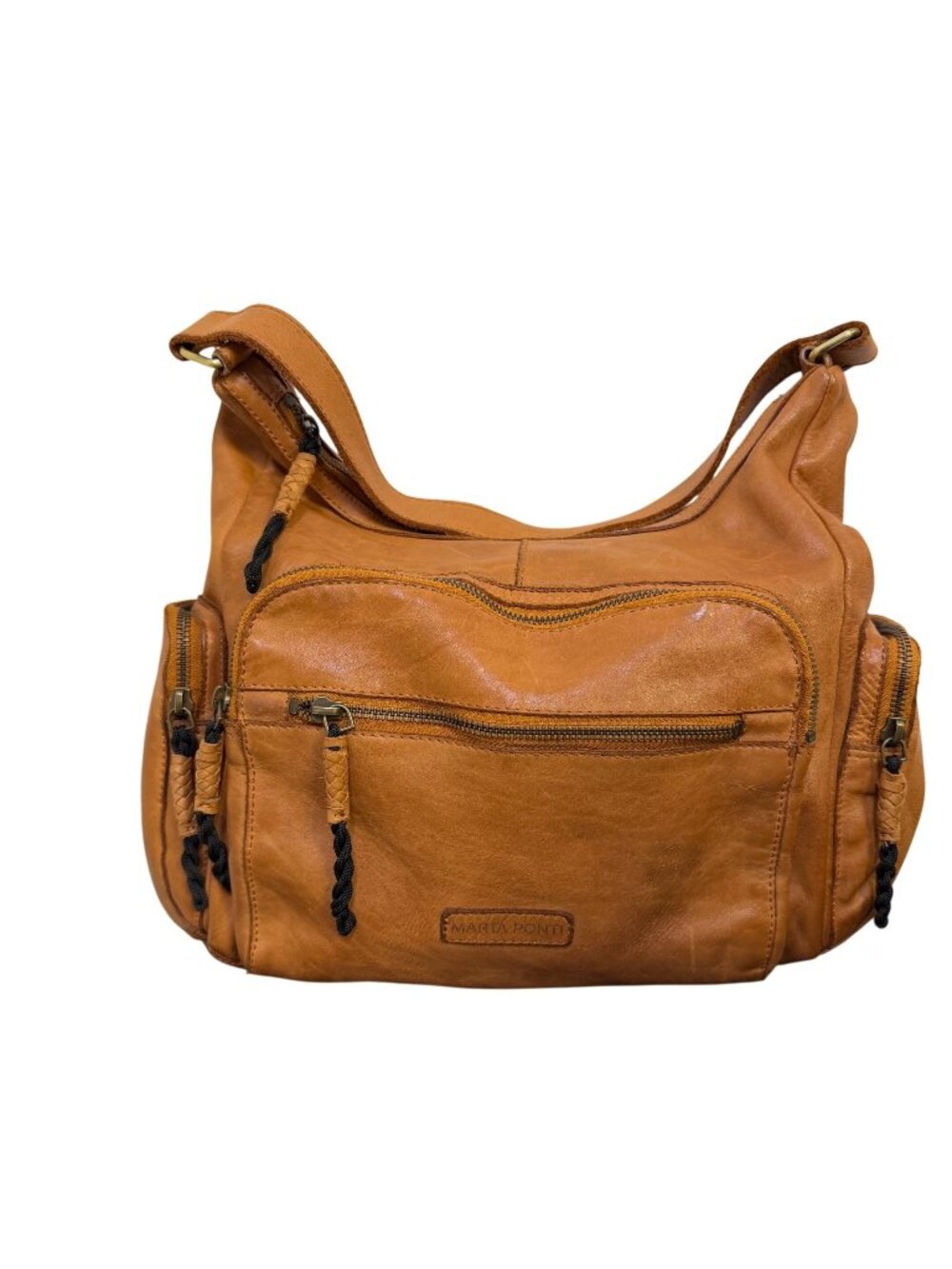 Marta Ponti Brown Genuine Leather Shoulder Bag With Multiple Zipper Pockets